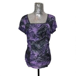 Whimsigoth Burnout Velvet Mesh Square Neck Ruched Top XL Purple Gothic Night Out